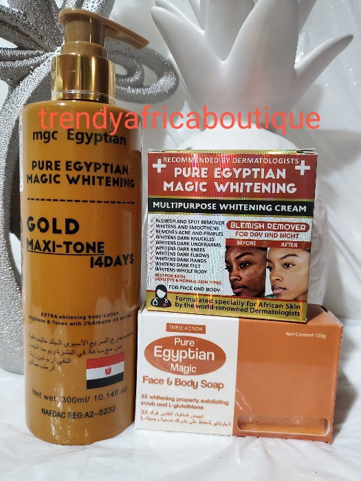 3pc set: Pure Egyptian magic whitening Gold maxitone lotion. 300ml bottle, pure egyptian magic multi purpose cream blemish remover face cream and soap combo; Hydroquinone free!!