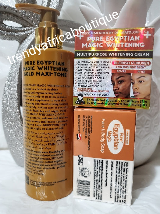 3pc set: Pure Egyptian magic whitening Gold maxitone lotion. 300ml bottle, pure egyptian magic multi purpose cream blemish remover face cream and soap combo; Hydroquinone free!!