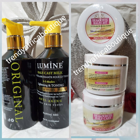 Combo sale: Lumine half cast lightening and toning body lotion for face and body + dear white Peach scrub 350gx1 For all skin type