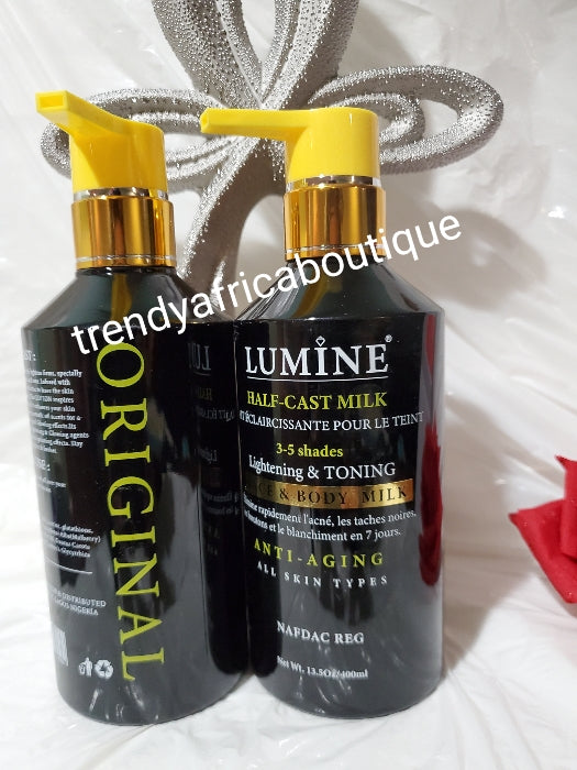 Lumine half cast lightening and toning body lotion for face and body 400mlx 1 formulated with glutathion + kojic. For all skin type