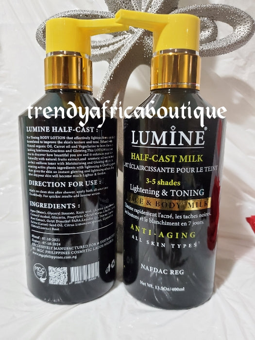 Lumine half cast lightening and toning body lotion for face and body 400mlx 1 formulated with glutathion + kojic. For all skin type