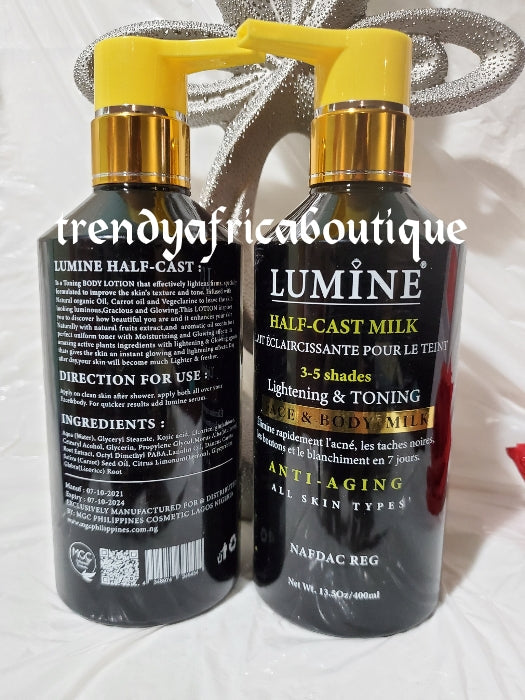 Lumine half cast lightening and toning body lotion and 2 lumine soap face and body 400mlx 1 formulated with glutathion + kojic. For all skin type