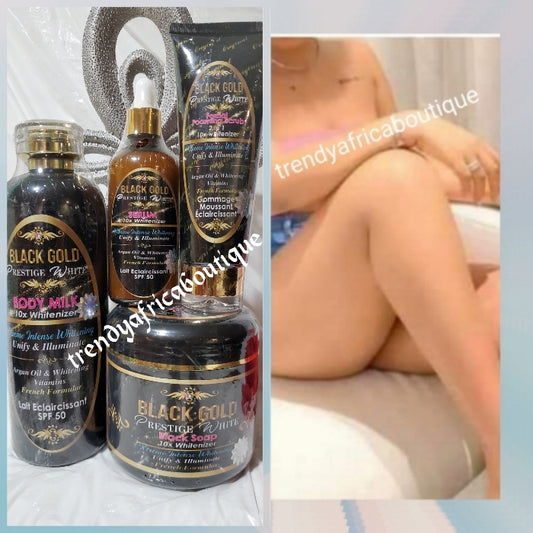 4pc set of Black Gold prestige white Body milk 10X Whitenizer Xtreme intense whitening with argan oil and whitening vitamins. Unify and illuminate. Lotion 550ml, serum 100ml, face scrub 150ml and black soap 500g.