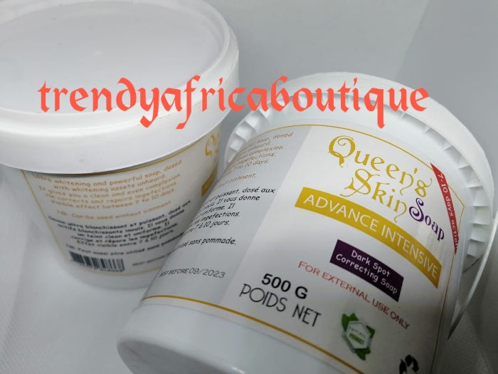 BACK IN STOCK. Queen's skin advanced Intensive whitening and spots correcting face and body soap. 7-10 days Action. Made from natural plant extracts and vitamins.500g jar x1