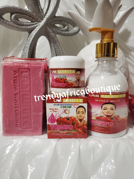 Combo 3 in 1 set  Lab white atom whitening Body lotion 250ml + exfoliating soap and face cream with tomato extract, kojic, glutathione collagen extracts .