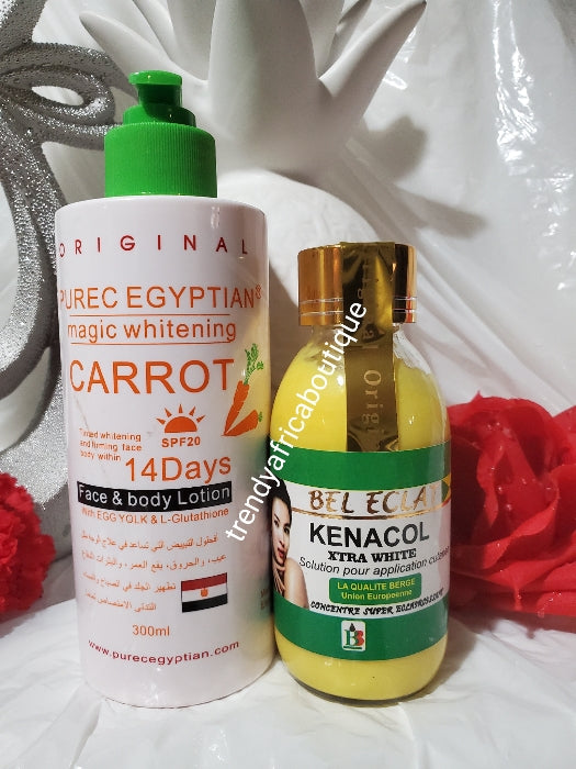 Original Purec Egyptian carrot lotion 300ml  + Bel eclat kenacol xtra white concentre, Whitens & repair solution super Eclaircissant, anti spots mix into body lotion