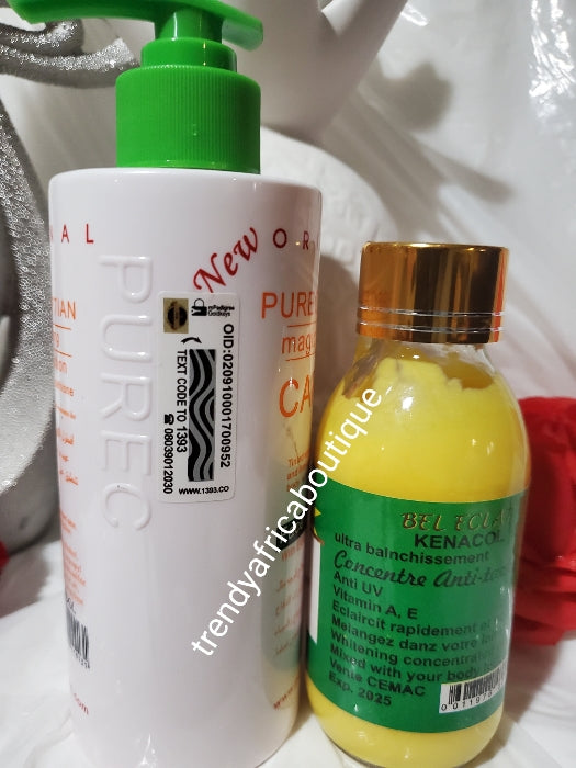 Original Purec Egyptian carrot lotion 300ml  + Bel eclat kenacol xtra white concentre, Whitens & repair solution super Eclaircissant, anti spots mix into body lotion