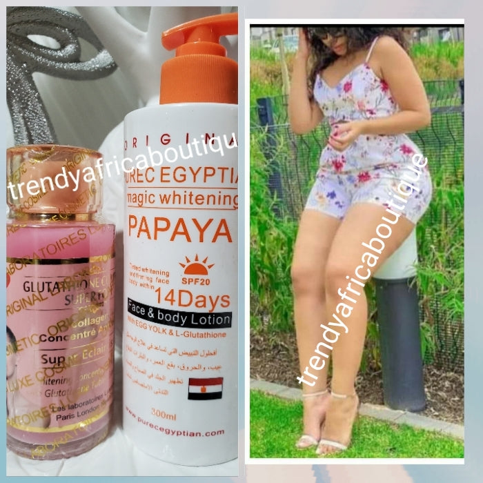 2pcs. Combo sale: Original Purec Egyptian with papaya body lotion 300ml + Glutathione comprime whitening concentre Fast action anti discoloration 100ml