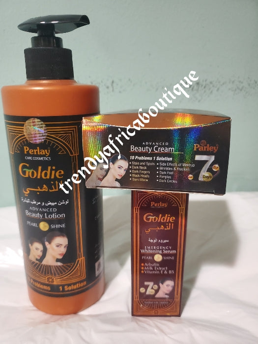 5pc set: Parley Goldie advanced skin whitening body lotion, soap, facial treatment cream,face serum and exclusive body treatment oil. Pearl shine. 10 problems 1 solution. With alpha arbutin, kojic acid, Vitamin B. 100% satisfaction