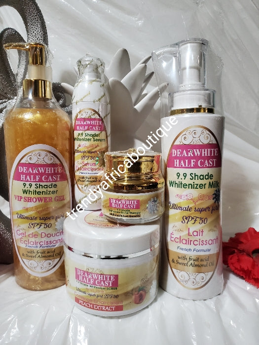 5pc Dear White Halfcast Whitenizer set; lotion, 500ml, shower gel 500ml, serum 100ml, face cream 55g, body scrub 350g. french formular with fruit acid and almond oil..