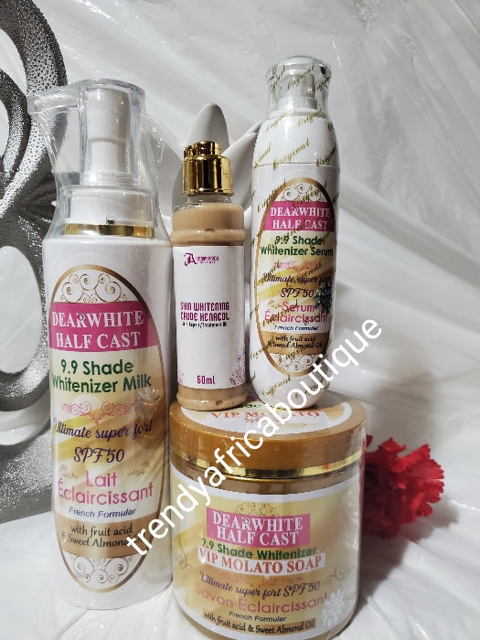 4pc with whitening Kenacol treatment oil 60ml: Dear White Halfcast Whitenizer VIP 9.9 shade set; lotion 500ml, serum 100ml, MOLATO soap 500g.french formular with fruit acid and almond oil..