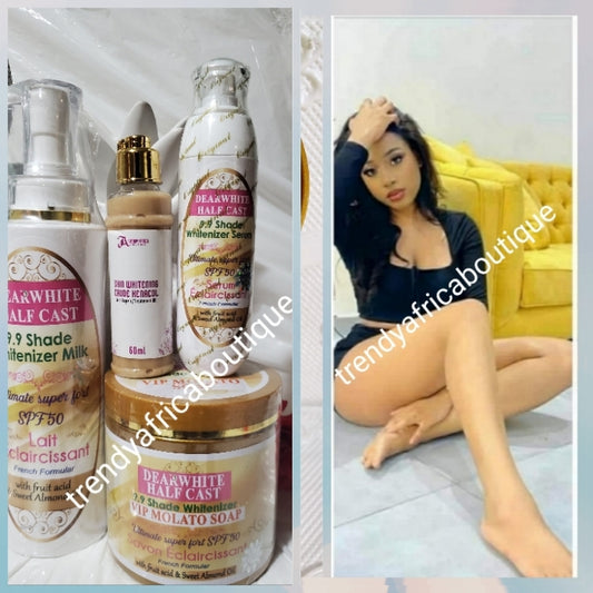 4pc with whitening Kenacol treatment oil 60ml: Dear White Halfcast Whitenizer VIP 9.9 shade set; lotion 500ml, serum 100ml, MOLATO soap 500g.french formular with fruit acid and almond oil..