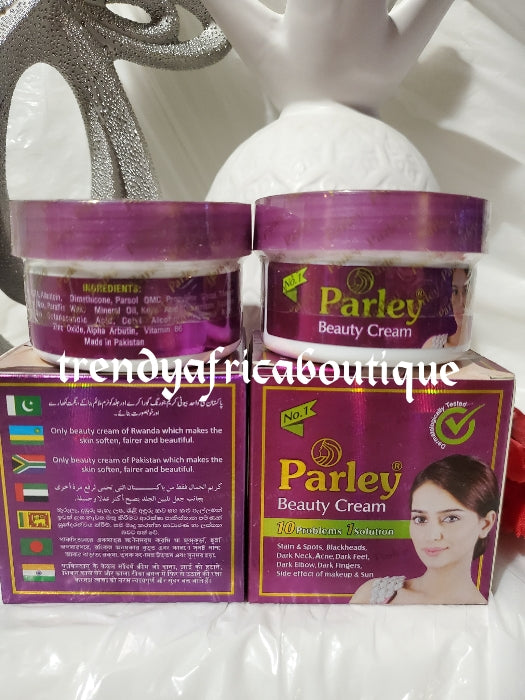 2pcs. Parley Beauty soap & Parley beauty face cream in a cup (purple jar) 10 problems, 1 solution. Fights facial blemises, keep your face soft and glowing 50g jar x1. Makes your skin fairer and protect your skin. Anti acne and dark spots