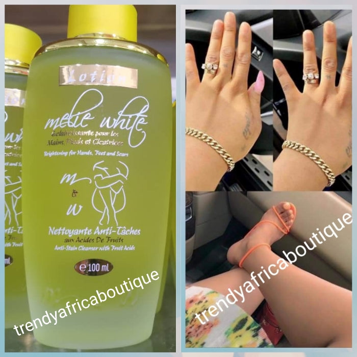 BACK IN STOCK: Melie White Super whitening Lotion (cleanser) Strong dark spots, black knuckles, elbows, knees etc. eraser, soften and clears dark spots fast. 100ml bottle. 100% satisfaction. DO NOT USE ON FACE!!!!