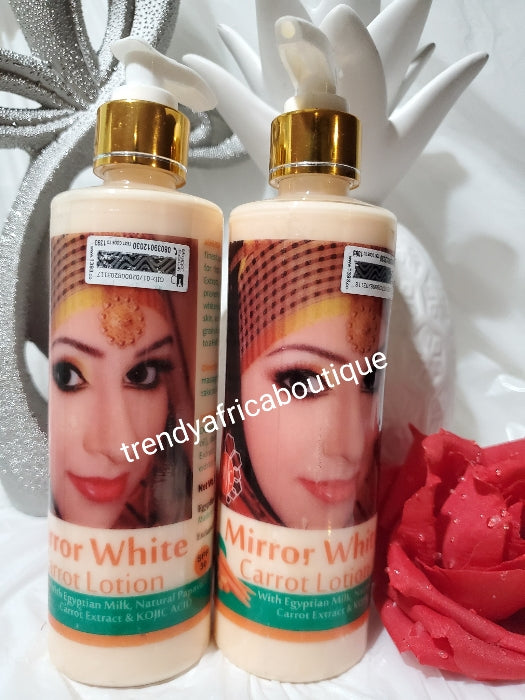 Mirror White  Carrot body lotion with egyptian Milk, kojic, natural papaya and carrot extracts 250mlx1 bottle. Spf35