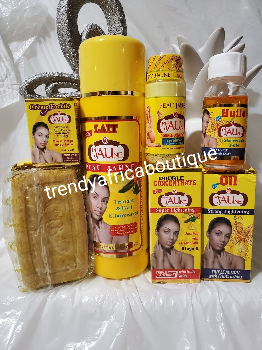 5pc set of Peau Jaune New formular mix fruit treatment, lightening body lotion 500ml, stage 2 triple action serum 60ml, soap, body oil and face cream