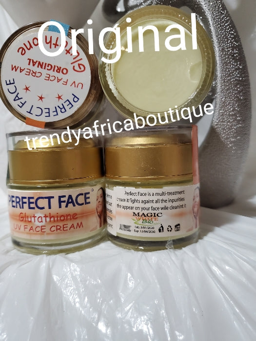 perfect face glutathione uv face cream Perfect face cream contains plants extracts and vitamins that moisturises and allows your skin to preserve its elasticity without leaving any greasy film. This face cream Perfect Face Glutathione UV Face