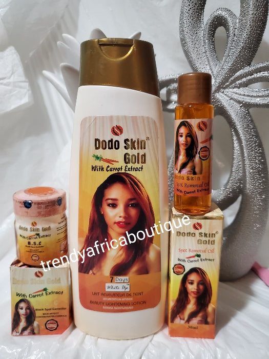 4pc. Set Dodo skin gold with carrot extract 7days white up lotion, spot removal oil, black spots corrector cream &  bathing soap