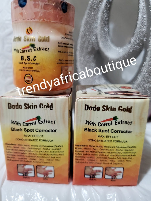 Dodo skin gold cream with carrot extract B.S.C Black spots corrector. Apply only to black discolored area: knuckles, knees, feet etc.