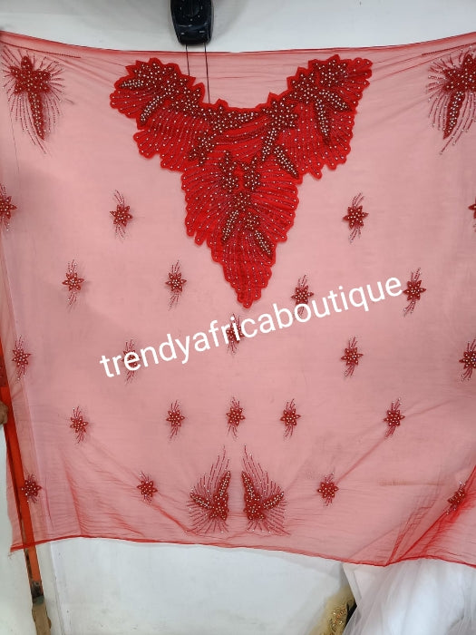 Red Heavily-beaded/crystal stones net George for making blouses. Popularly use by Igbo/Delta/edo women for big Occasions. Comes in 1.8yds lenght already design for your beautiful celebrant blouse