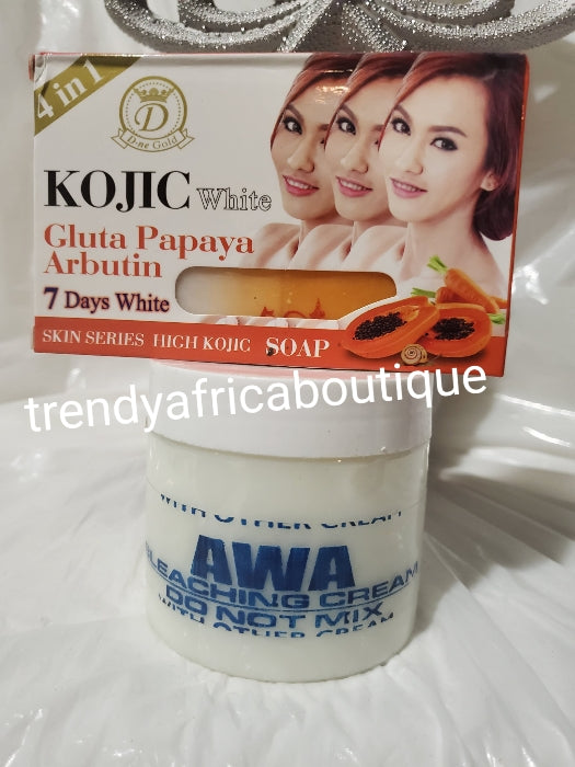 Combo: Authentic Awa fast action Bleaching cream. 250g jar X1 formulated with kojic acid PLUS kojic white papaya& Albutin soap.