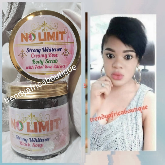 2 in 1 combo sale:  NO LIMIT strong whitening and skin repair black soap PLUS No limit Whitenizer creamy scrub with Rose petal. 100% satisfaction