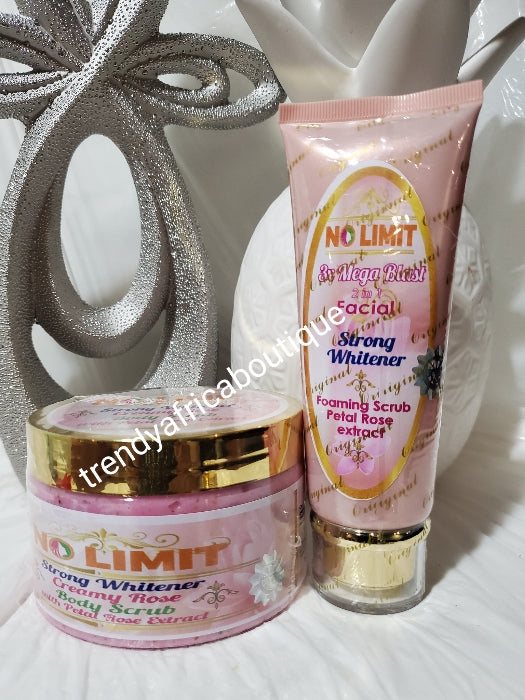 Perfect combo face and body scrub:  No limit strong whitening creamy Rose face & body scrub with Rose petal 300g jar + 1 No limit facial scrub. RICHLY FORMULATED.