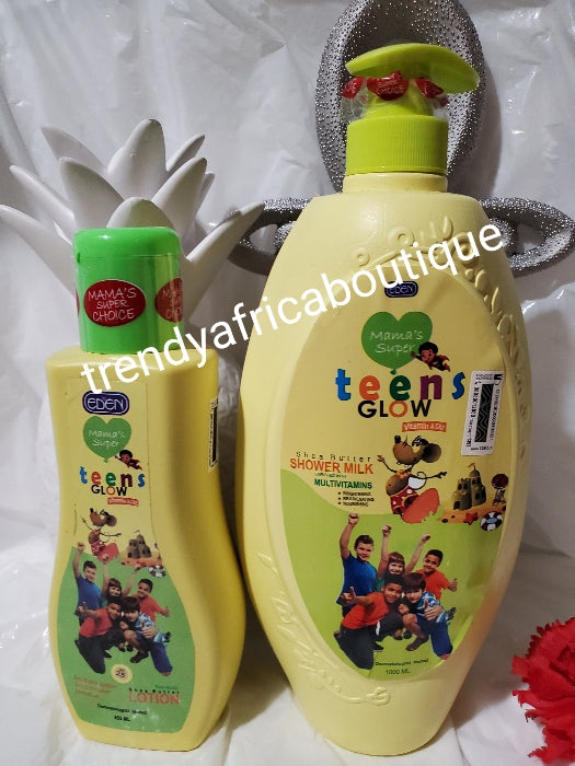 2-in-1-Kombination Eden Kids and Teens Glow Bodylotion 450 ml + Eden Duschcreme 1000 ml. Mit natürlichen Inhaltsstoffen formuliert, um den wachsenden Körper aufzuhellen, zu verjüngen und zu nähren. Mama 1. Wahl.