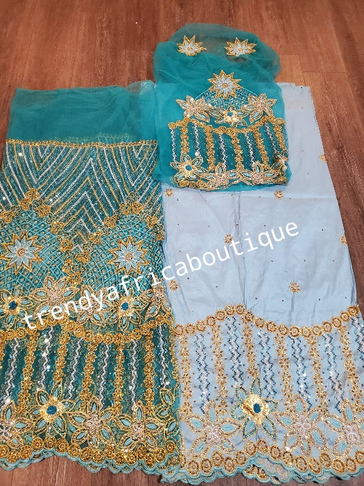 Ready to ship: sky blue taffeta silk George 2.5ys + beaded and stoned skyblue net + 1.8yds sky blue net for blouse. perfect stone work for traditional Bridal outfit. Sold as a set, price is for a set. .