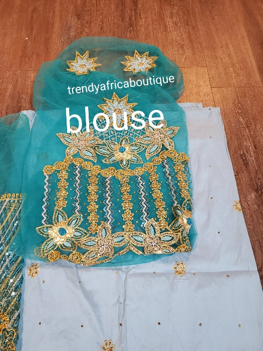 Ready to ship: sky blue taffeta silk George 2.5ys + beaded and stoned skyblue net + 1.8yds sky blue net for blouse. perfect stone work for traditional Bridal outfit. Sold as a set, price is for a set. .