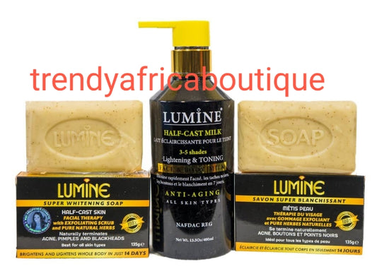 Lumine half cast lightening and toning body lotion and 2 lumine soap face and body 400mlx 1 formulated with glutathion + kojic. For all skin type