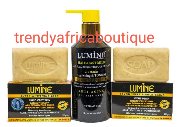 3pcs set of Lumine half cast lightening and toning body lotion, serum and lumine soap face and body. formulated with glutathion + kojic. For all skin type