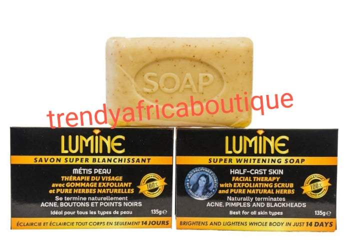 Lumine half cast lightening and toning body lotion and 2 lumine soap face and body 400mlx 1 formulated with glutathion + kojic. For all skin type