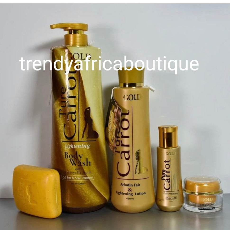 5pc Luxery set: Pure Carrot Gold, Arbutin fair: Gold lotion 450ml, Serum, soap, face cream and 1200ml shower gel. Skin lightening and brightening with alpha arbutin, Shea butter, formula for caramel,/bronze skin