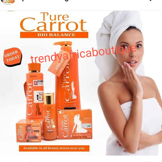 5pcs Luxery set: Pure Carrot Bio Balance whitening Care formulated with carrot oil for a uniform fair skin tone. 450ml lotion, serum 60ml, face cream + soap,& body wash 1200ml. White and GLOW!