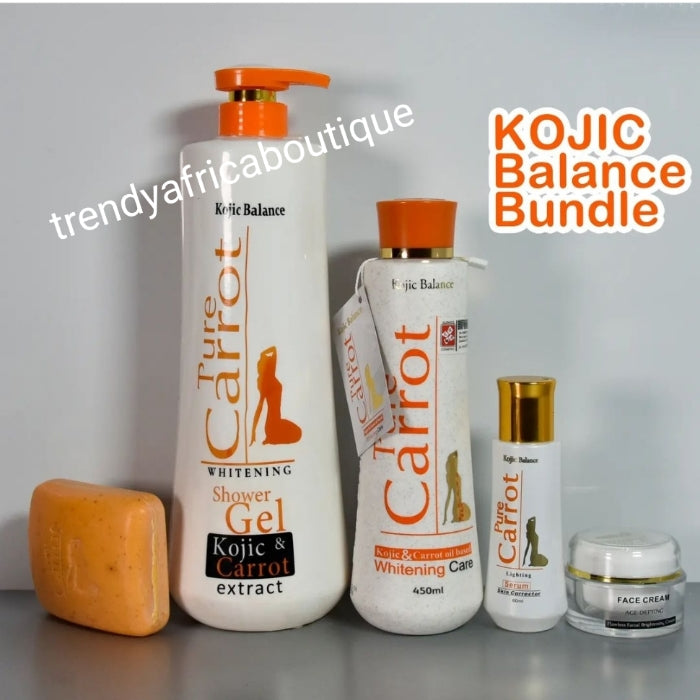 5pcs Luxery set: Pure Carrot kojic balance whitening Care formulated with kojic & carrot extracts for a fairer skin tone. 450ml lotion, serum 60ml, face cream + soap,& body wash 1200ml