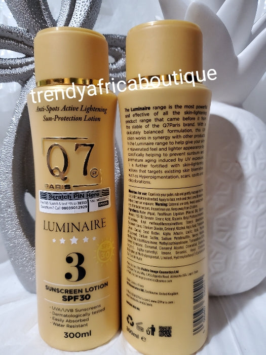 Q7 paris Luminaire #3 body lotion. Anti spot active lightening with SUN protection spf 30. 300ml bottle