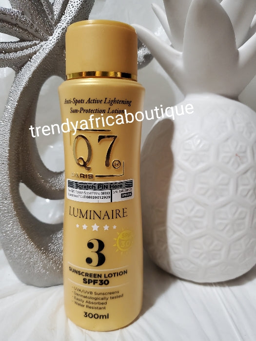 Q7 paris Luminaire #3 body lotion. Anti spot active lightening with SUN protection spf 30. 300ml bottle