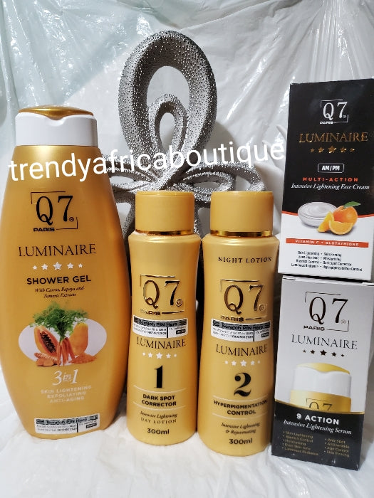 Q7 paris Luminaire total skin  lightening  bundle 5 in 1 set for SENSITIVE skin. oily or acne prone. 2 lotion, one  face cream, shower gel & triple action acne prone Serum with Niacinamide& salicylic.