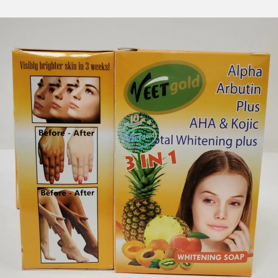 Veet Gold Alpha arbutin Plus AHA & KOJIC total whitening plus soap 200g x 1 sale. 3 in 1 action