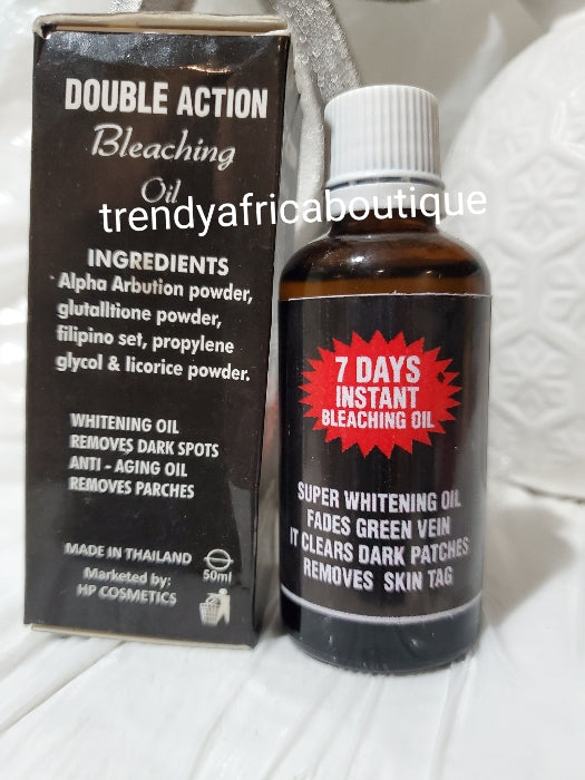 Double action Bleaching Oil. 7 days instant white pro-mixin serum/oil. Glutathion + alpha arbutin 50ml x1. Add to body lotion or apply directly.
