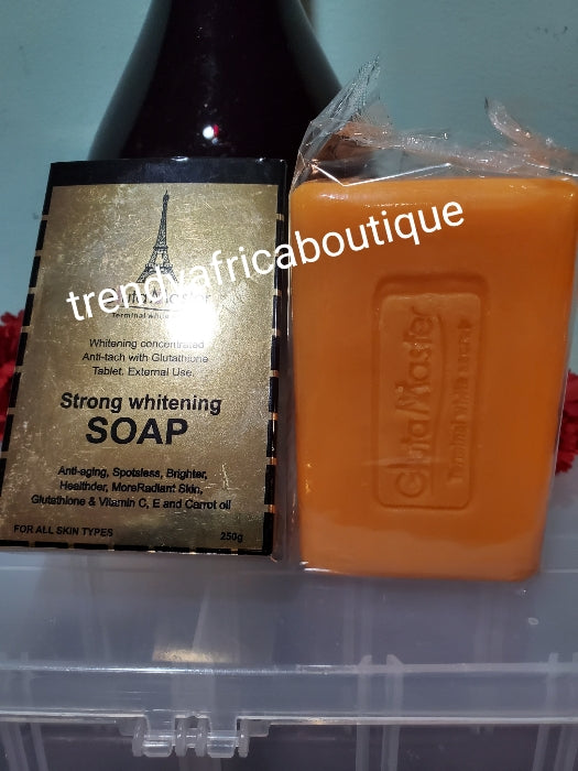 Gluta master terminal white secret face and body soap with glutathion + kojic white. Anti stains and marks 250g bar soap.