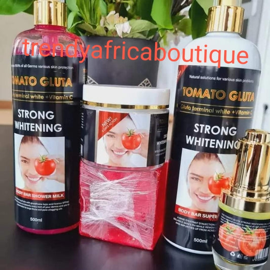 Tomato Gluta (Glutathion) Terminal white + Vitamin C set; Body lotion, whiteing oil, facial soap + face cream and shower gel combo sale. Strong whitening 5 days action.