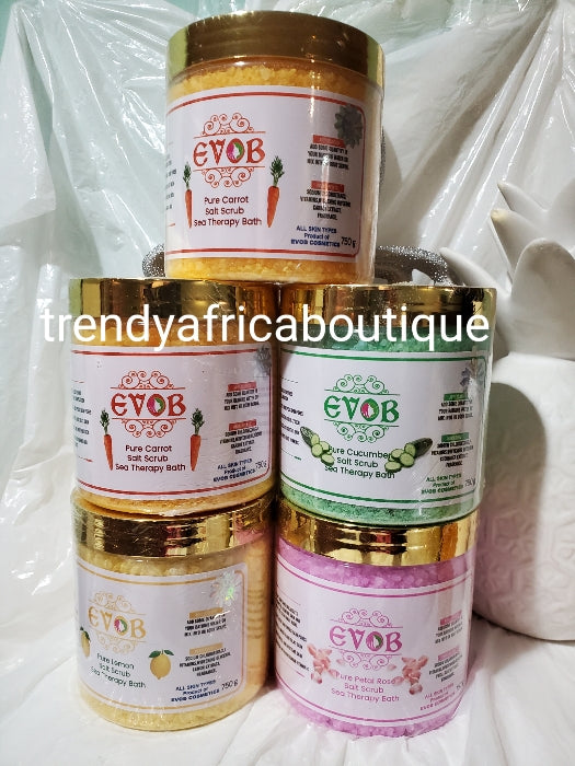 Evob whitening salt scrub 750g jar x 1. Skin therapy bath. Available in Lemon,  Petal rose, cucumber and carrot extracts.