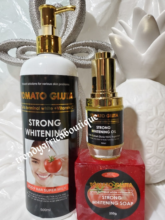 3-teiliges Set: Tomate Gluta (Glutathion) Terminal White + Vitamin C-Set; Verkauf von Körperlotion, Bleichöl und Gesichtsseife. Starke aufhellende 5-Tage-Wirkung.