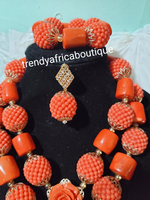 New arrival 2 role coral choker beaded necklace set with nice, beautiful droping. Coral-necklace set includes earrings and bracelets.  Nigerian Bridal necklace.