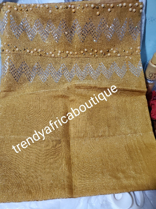 New arrival Gold Bedazzled aso-oke gele. sparkling stones/beads. Nigerian woven traditional Aso-oke for making stylish head wrap. for perfect stylish finish. Gele only. Extra wide gele for bigger head wrap. 72" long × 26" wide