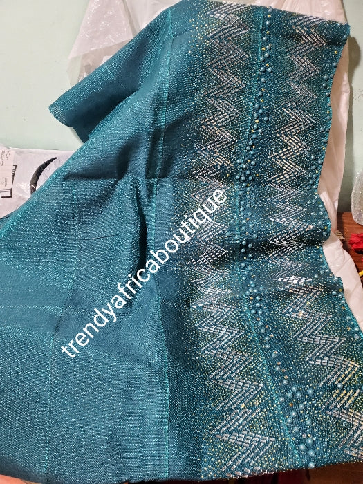 New arrival teal blue Bedazzled aso-oke gele. sparkling stones/beads. Nigerian woven traditional Aso-oke for making stylish head wrap. for perfect stylish finish. Gele only. Extra wide gele for bigger head wrap. 72" long × 26" wide