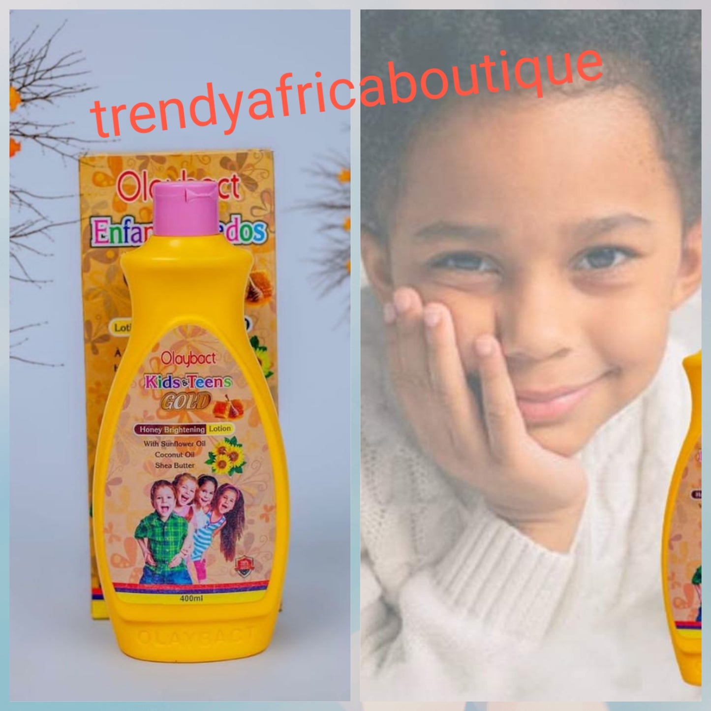 X 2 bottles Olaybact kids & Teens Gold Honey brightening body lotion for ages 3yrs and up 400mlx1. With Sun flower oil, coconut oil .x 2 bottles