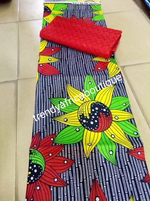 African wax print- Ankara + lace combination pack. 3yard ankara and 2 yards red dry lace in a pack. Luxuriouse quality ankara.  Veritable wax print